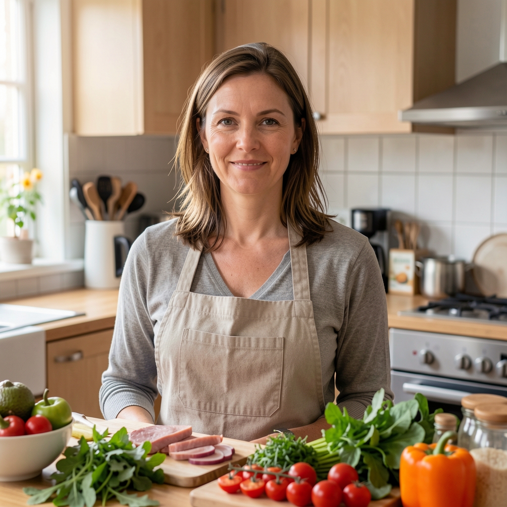 Johanna Koch, Gastküchenautorin, Porträt in natürlichem Licht, Küchenumgebung mit frischen Zutaten im Vordergrund