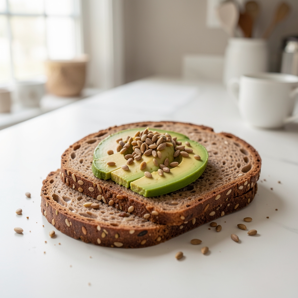 Vollkornbrot mit Avocado und Kürbiskernen auf hellem Küchentisch, Tageslicht von oben, reduzierte Komposition
